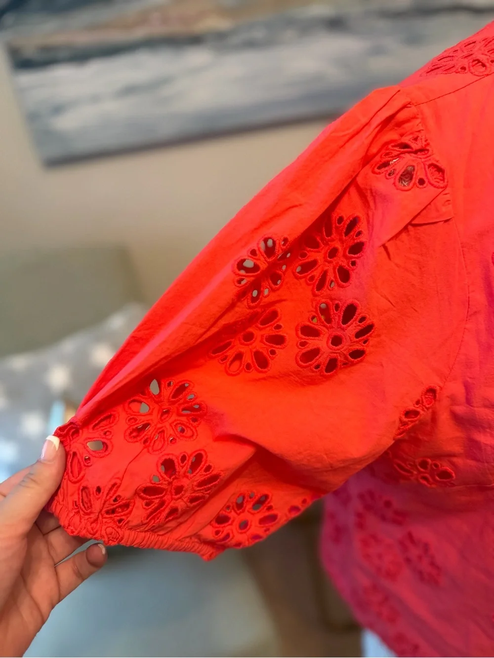 Lilly Pulitzer Coral Red Eyelet Puff Sleeve Blouse